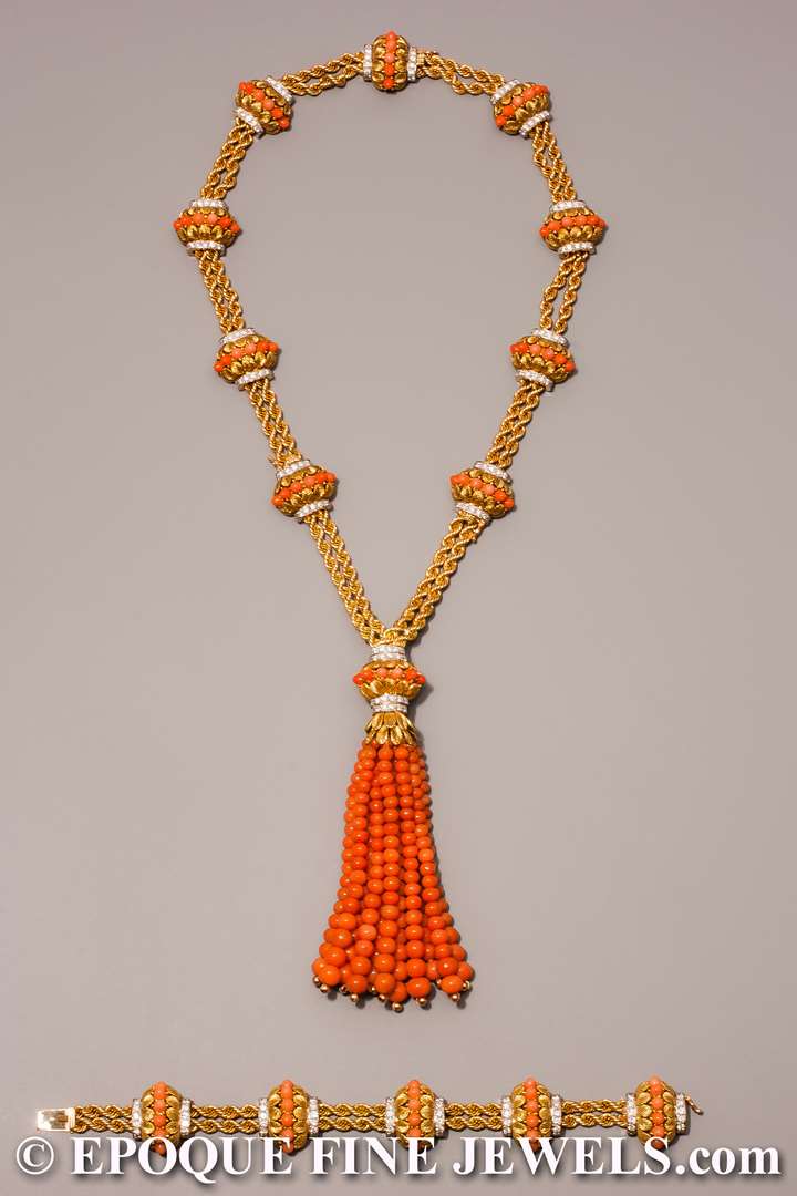 A beautiful Retro coral and diamond tassel necklace,